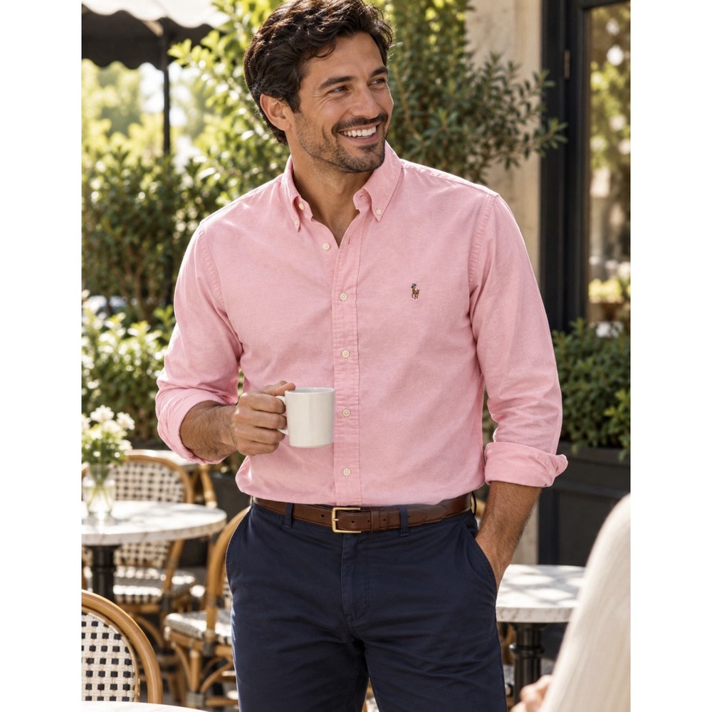 Ralph Lauren Button Down Shirt Mens L Pink  Cotton Long Sleeve Pony Logo